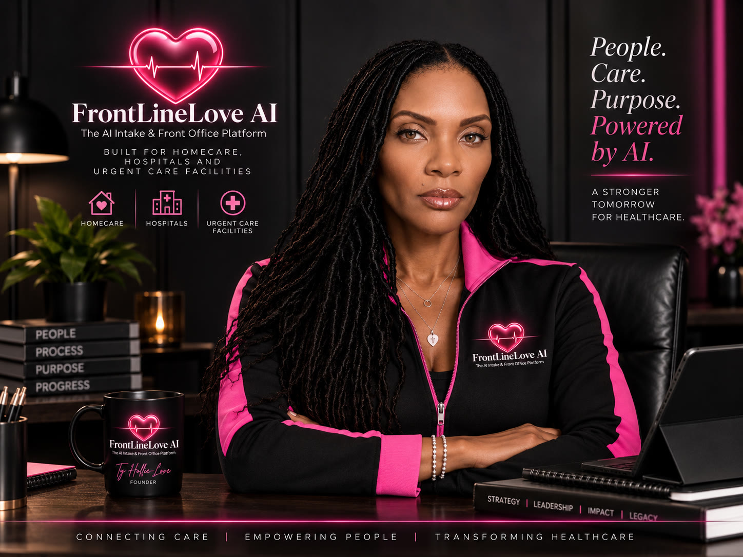 Ty Hollie-Love, founder of FrontLineLove AI, at her desk. The AI intake and front office platform built for homecare, hospitals, and urgent care.
